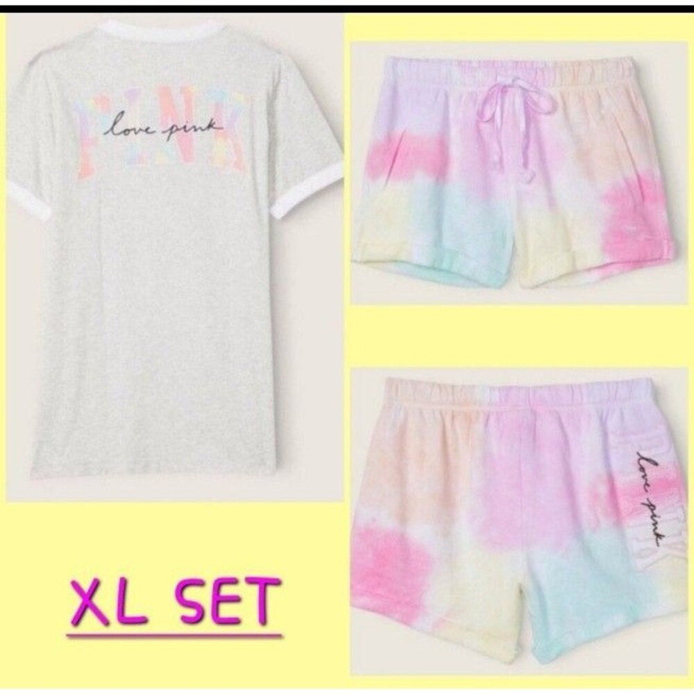 VS PINK OUTFIT FREYA RAINBOW TIE DYE TEE BF SHORTS XL
